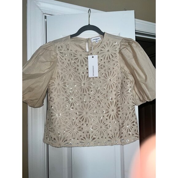 Anniewear Beige Puff Sleeve Crochet Overlay Top With Sequins Womens S - Picture 5 of 7